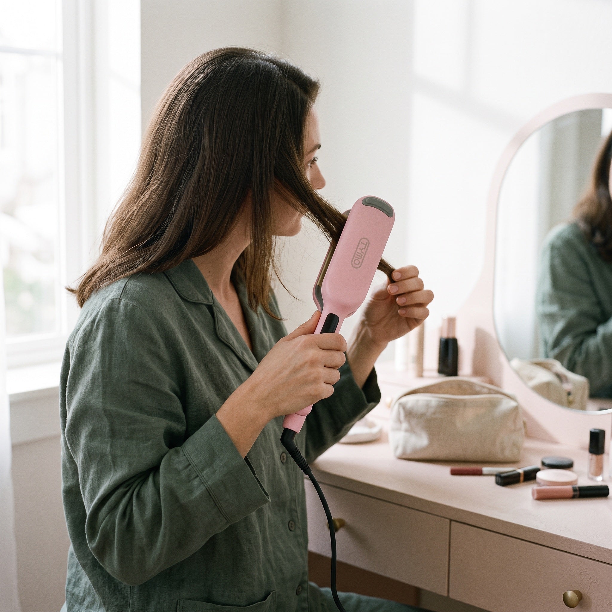 Adult sectioning fully dry hair with the pink waver near a bedroom mirror