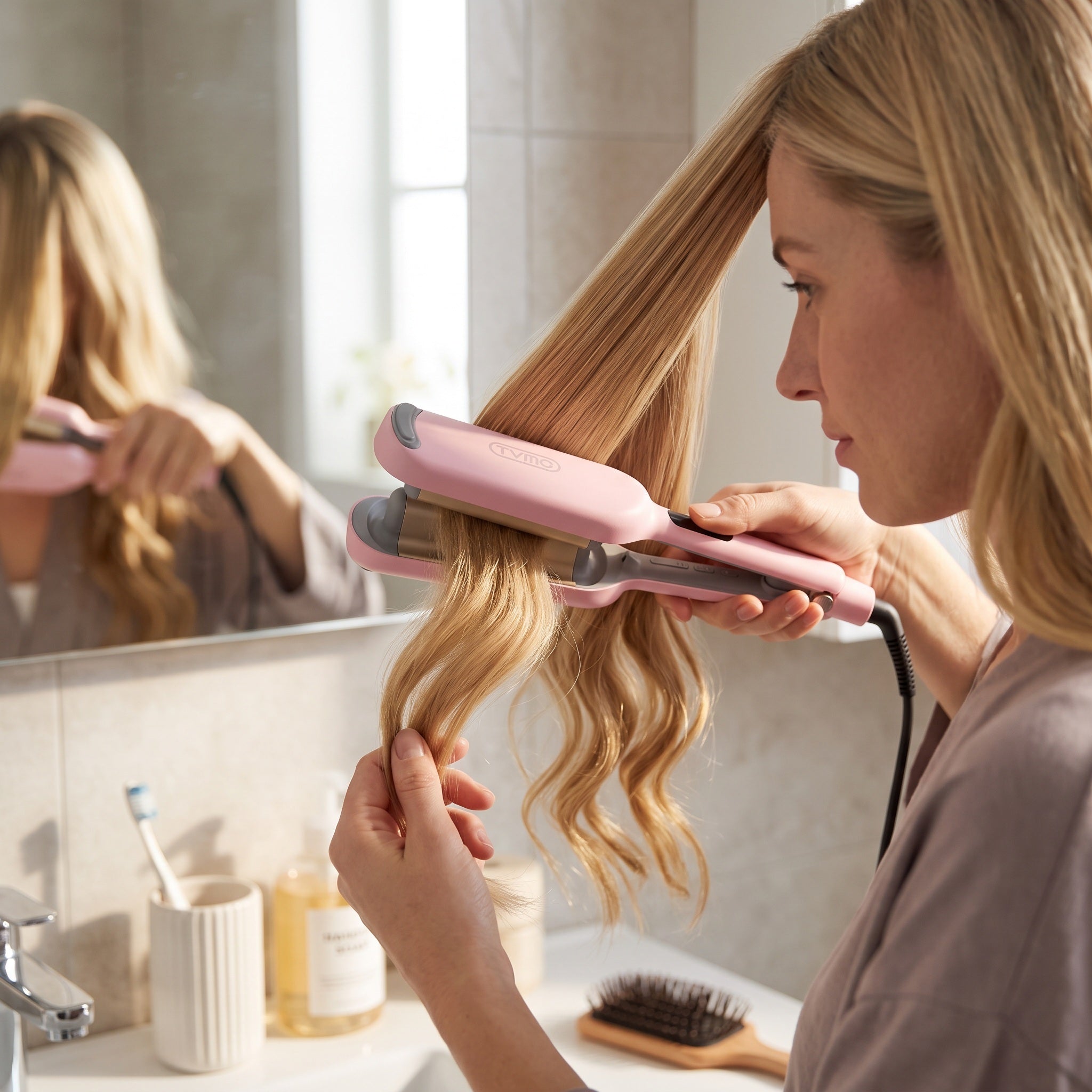 Adult clamping dry blonde hair at a mirror