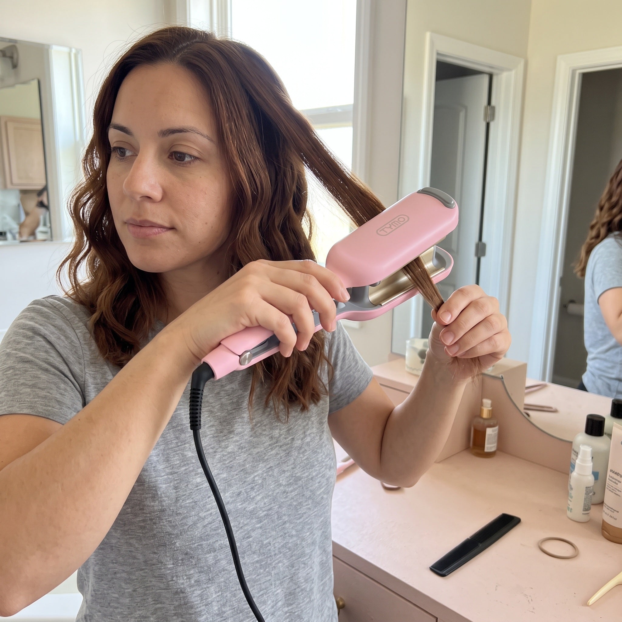Pink waver on a vanity beside dry-hair preparation essentials