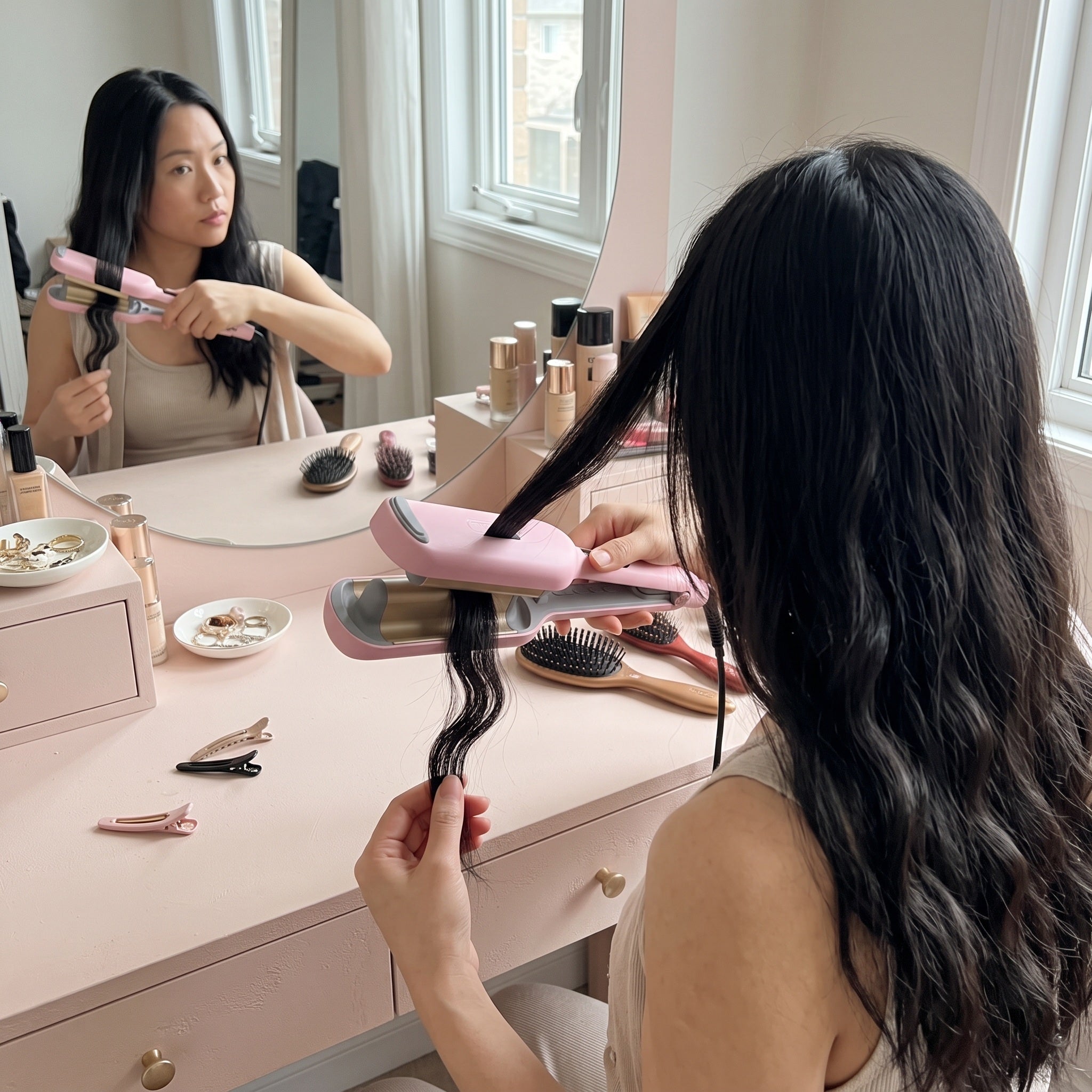 Adult sectioning dry hair at a bedroom mirror