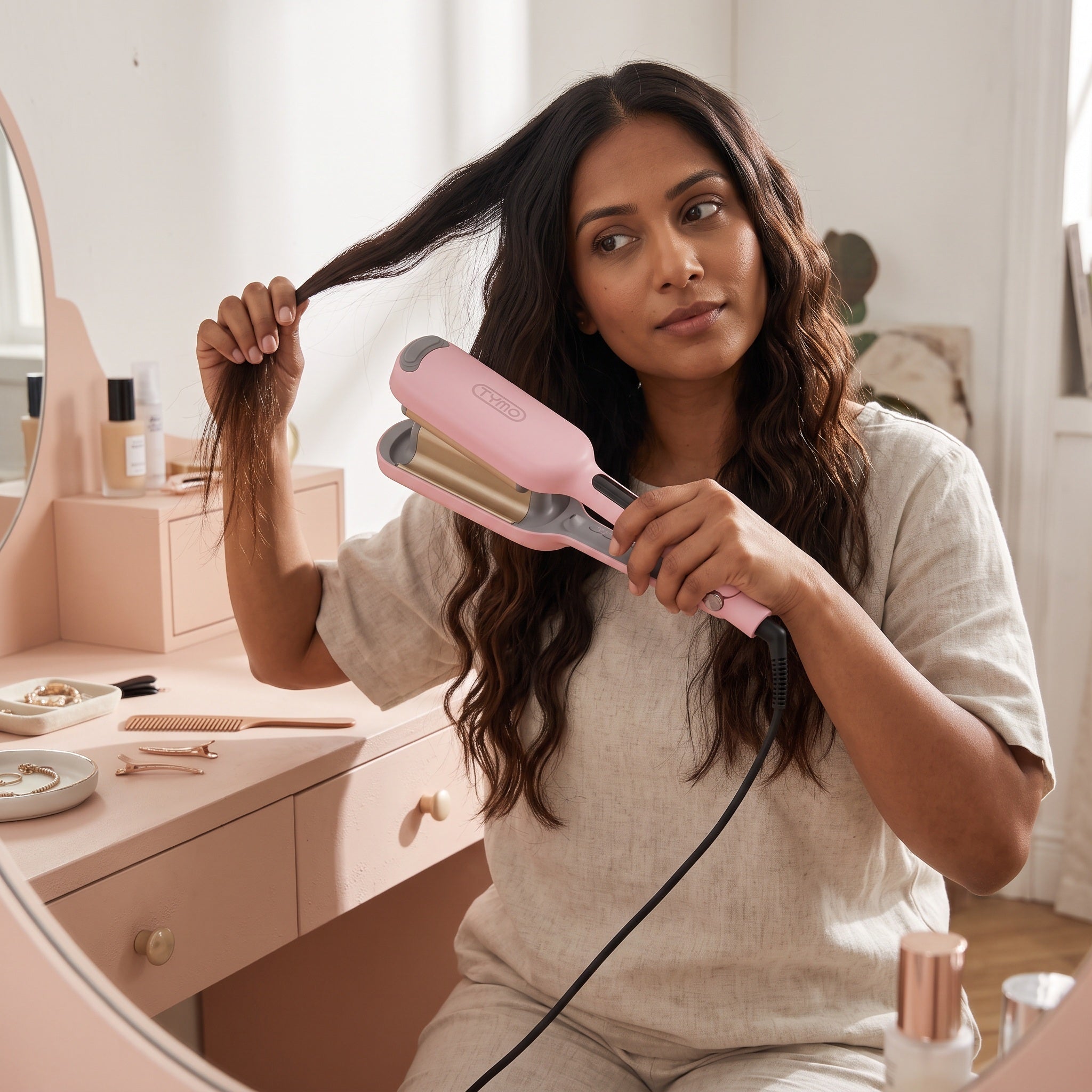 Adult taking a mirror selfie with styled waves