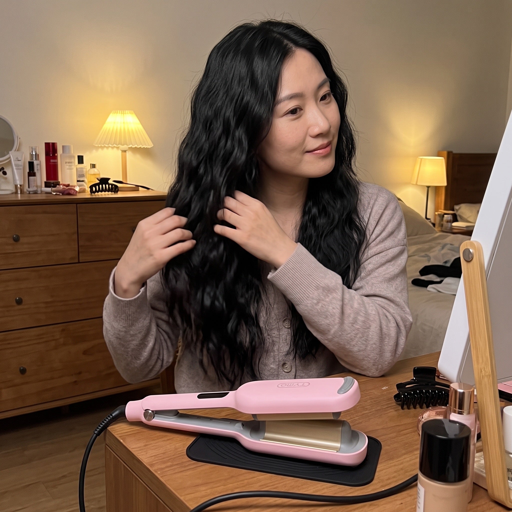 Adult styling dry hair before a day out