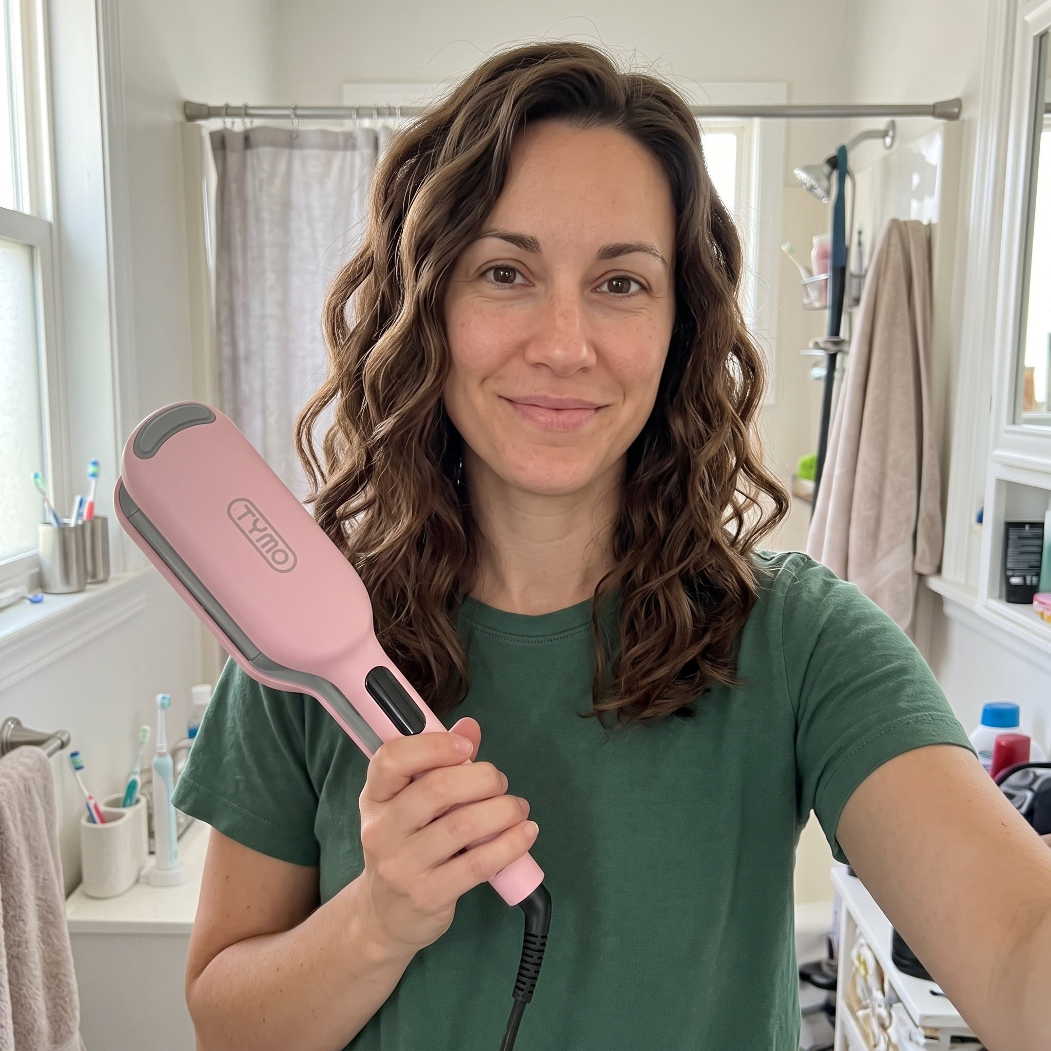 Brunette bathroom selfie with deep waves and a cooled pink waver