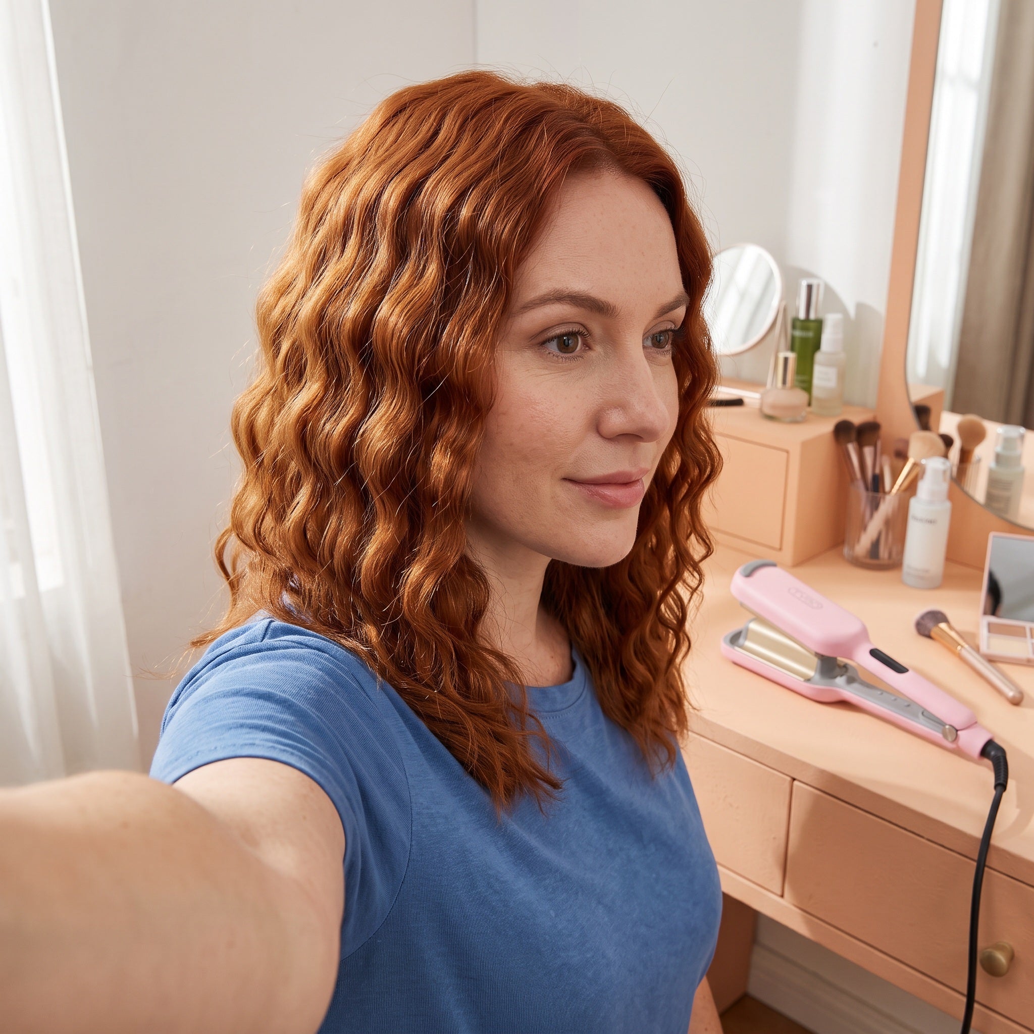 Auburn-haired adult taking a dressing-room selfie with a waver on the vanity
